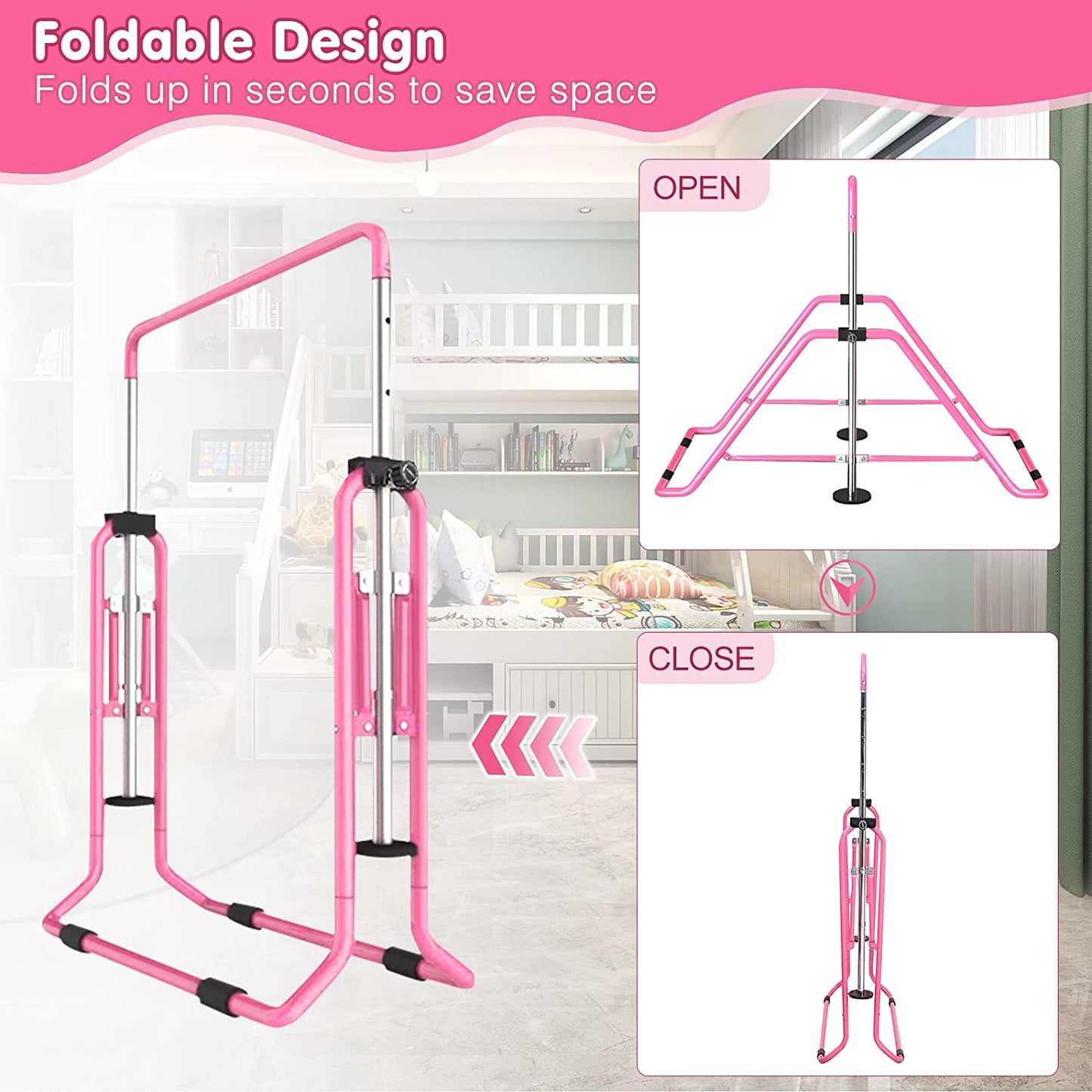 Gymnastics Bars Kids Kip Training Bars for Home, Folding Horizontal Bars with Adjustable Height, Practice Bar Gymnastic for Kids, Child, Girls, Boys (Pink Pro)