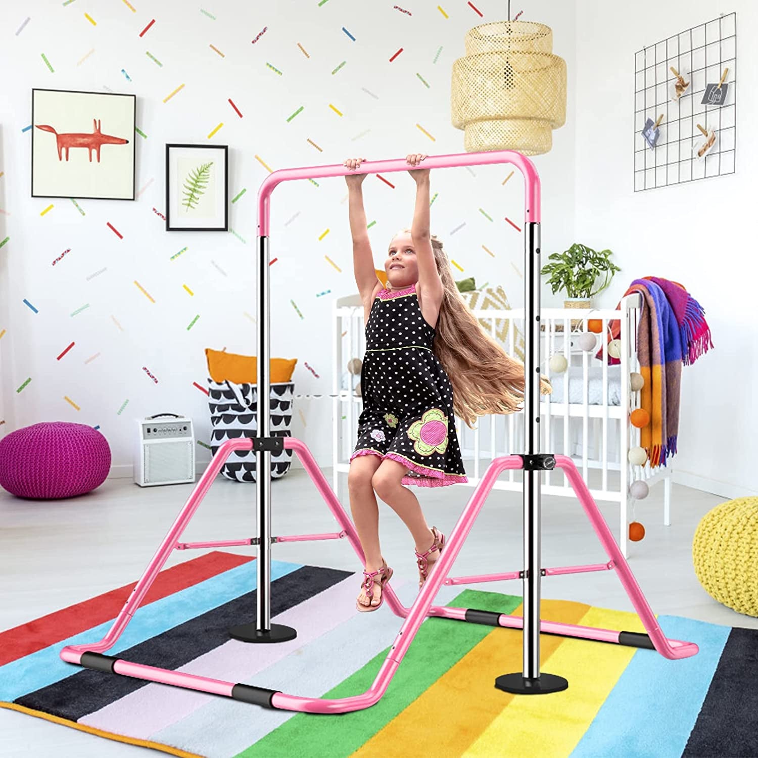 Gymnastics Bars Kids Kip Training Bars for Home, Folding Horizontal Bars with Adjustable Height, Practice Bar Gymnastic for Kids, Child, Girls, Boys (Pink Pro)