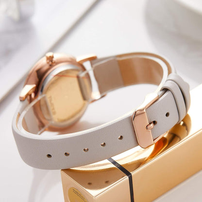 Women'S Watches with Stainless Steel Square round Dial Quartz Watch with Satin Genuine Leather Strap Elegant Minimalist Waterproof