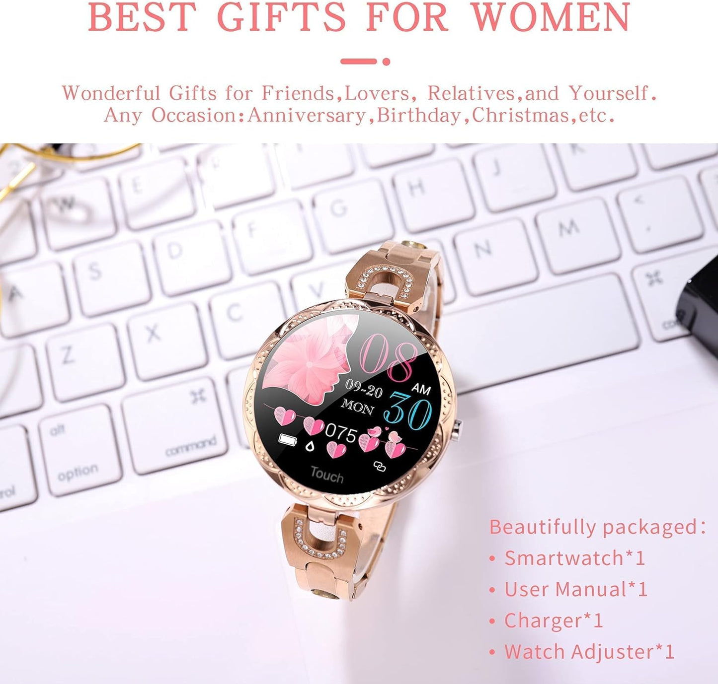 Women Smart Watch for Android Ios Phone Fitness Tracker Heart Rate Monitor Waterproof Activity Tracker Pedometer Step Calories Counter Sleep Tracker Exercise Sport Luxury Fashion Lady Smartwatch