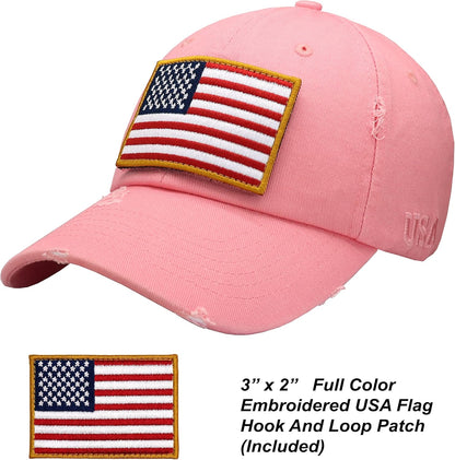 American Flag Unisex Baseball Hat for Men and Women | USA Flag Mesh Snapback Flat Visor Cap + 2 Patriotic Patches
