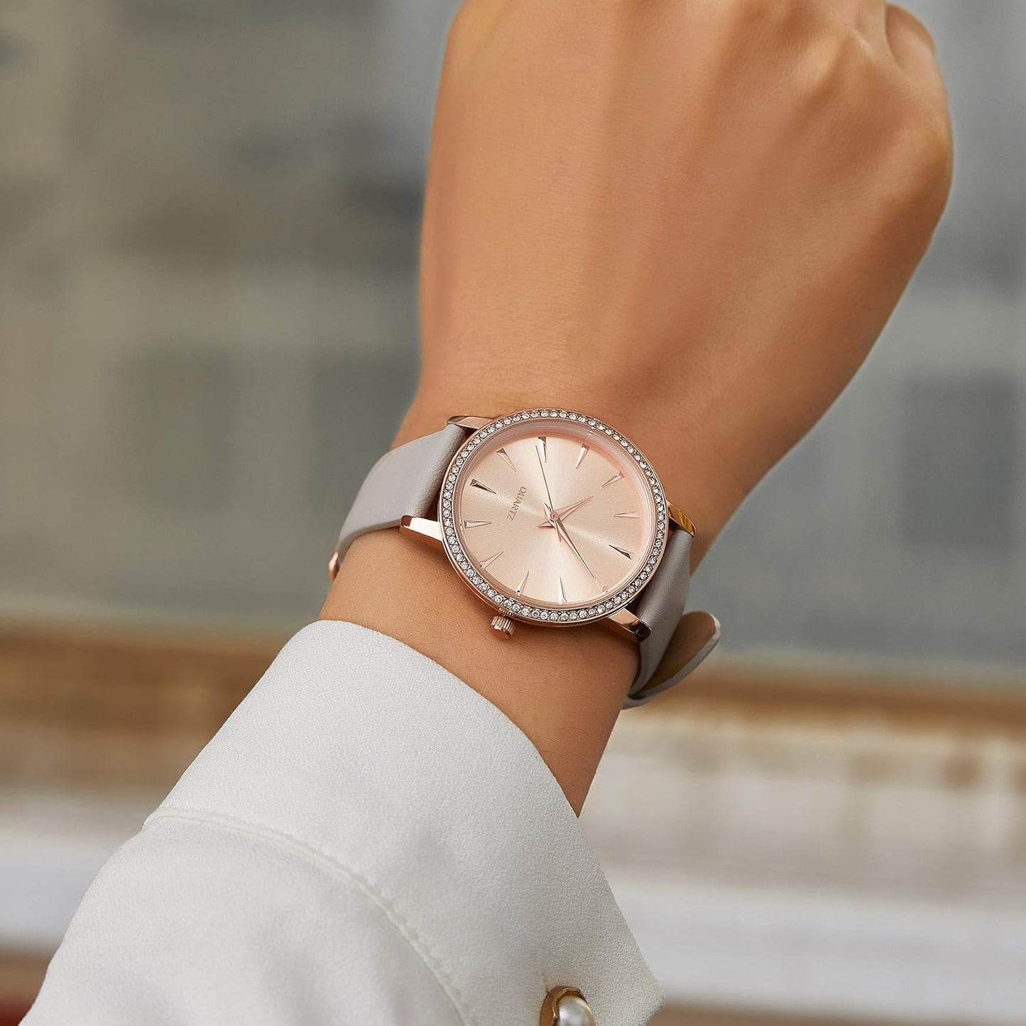 Women'S Watches with Stainless Steel Square round Dial Quartz Watch with Satin Genuine Leather Strap Elegant Minimalist Waterproof