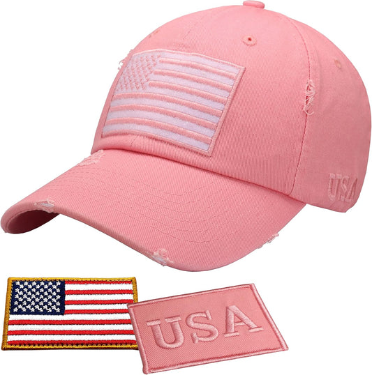 American Flag Unisex Baseball Hat for Men and Women | USA Flag Mesh Snapback Flat Visor Cap + 2 Patriotic Patches