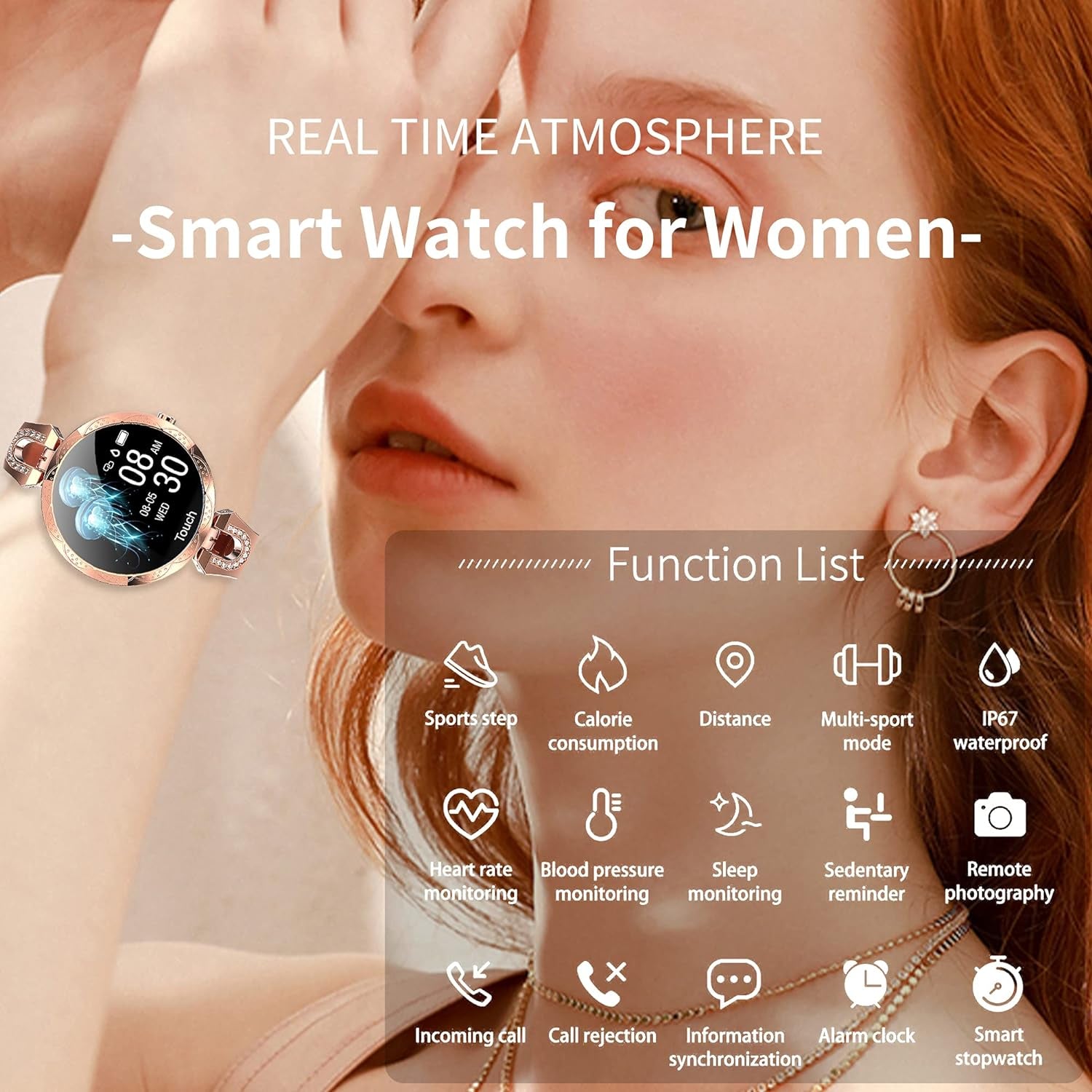Women Smart Watch for Android Ios Phone Fitness Tracker Heart Rate Monitor Waterproof Activity Tracker Pedometer Step Calories Counter Sleep Tracker Exercise Sport Luxury Fashion Lady Smartwatch