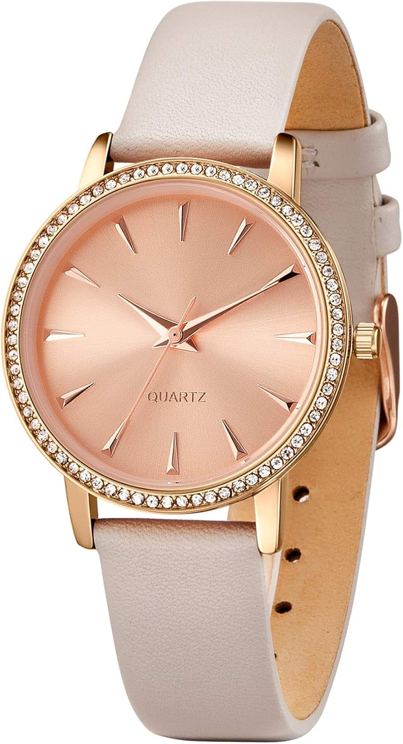 Women'S Watches with Stainless Steel Square round Dial Quartz Watch with Satin Genuine Leather Strap Elegant Minimalist Waterproof