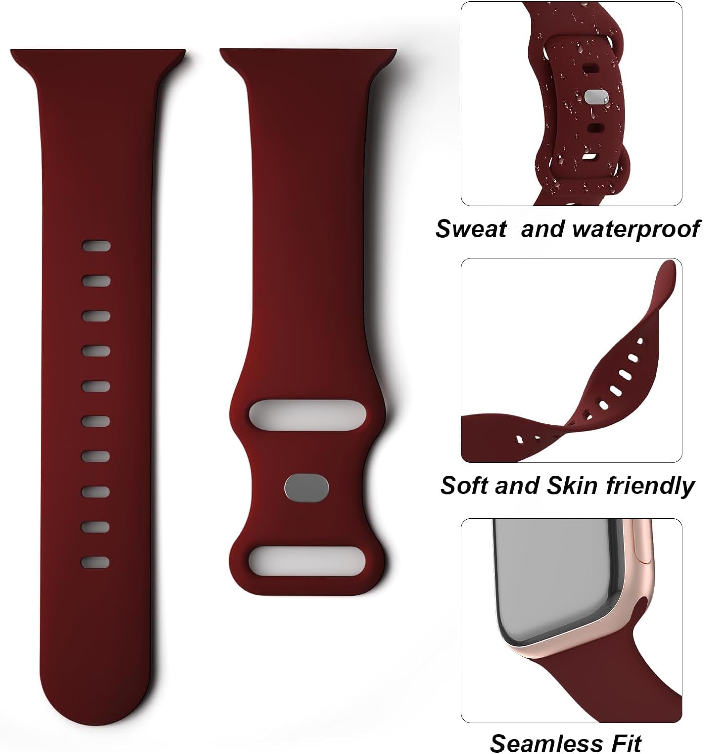 Sport Band Compatible with Apple Watch 38Mm 40Mm 41Mm 42Mm 44Mm 45Mm 46Mm 49Mm, Soft Silicone Replacement Strap Wristbands for Iwatch Series 10/9/8/7/6/5/4/3/2/1 Ultra SE Women Men, Wine Red