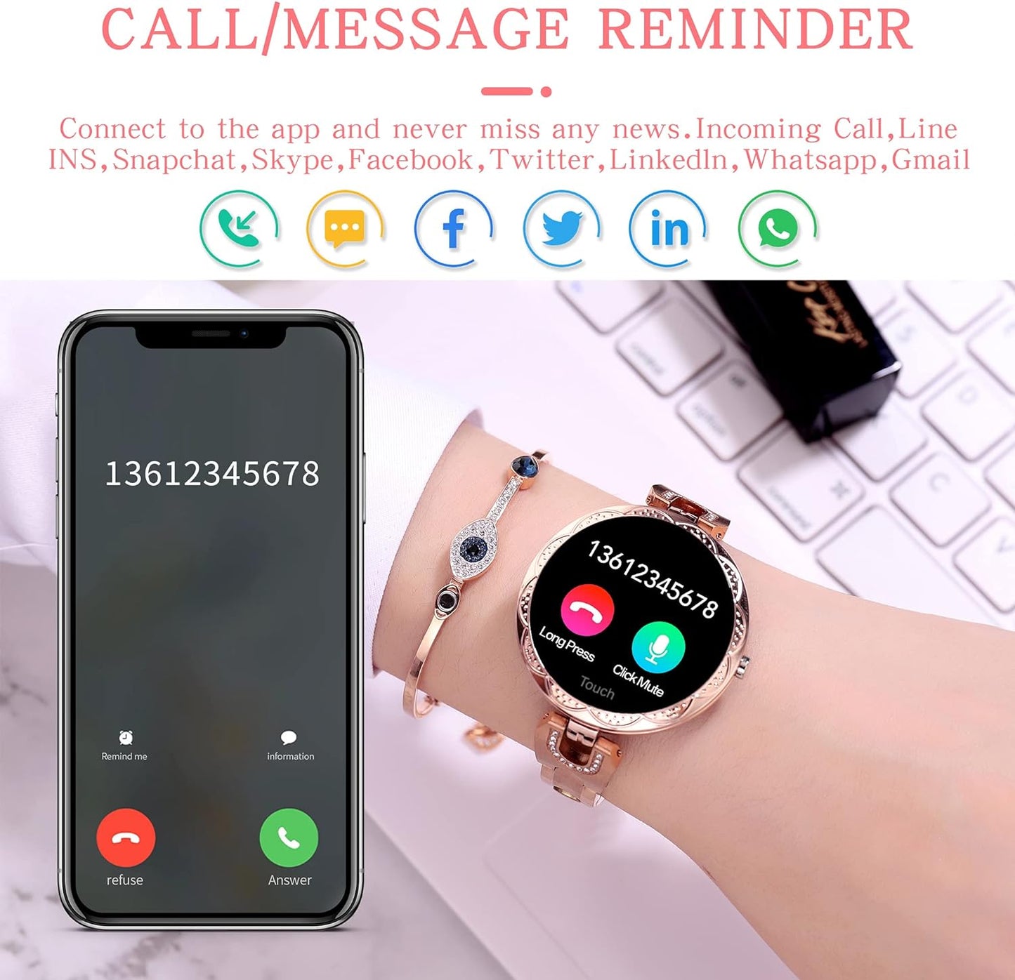 Women Smart Watch for Android Ios Phone Fitness Tracker Heart Rate Monitor Waterproof Activity Tracker Pedometer Step Calories Counter Sleep Tracker Exercise Sport Luxury Fashion Lady Smartwatch