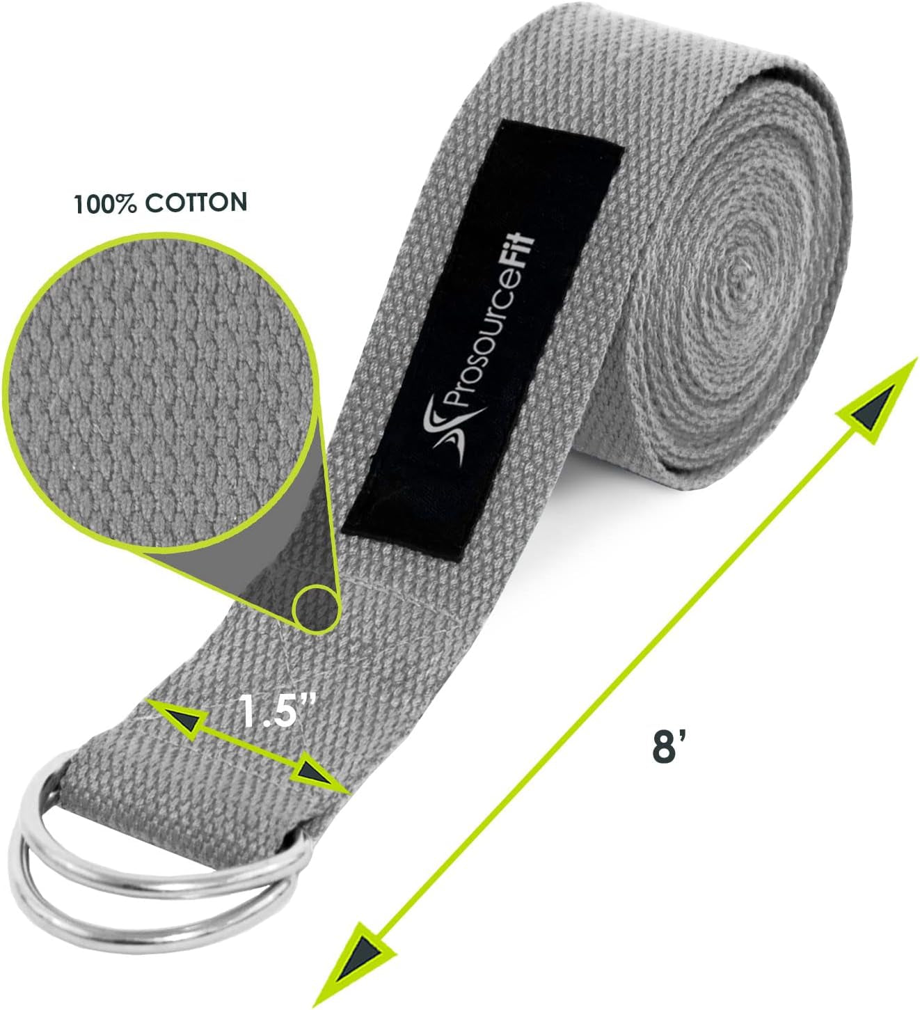 Metal D-Ring Yoga Strap 8’ Durable Cotton for Stretching and Flexibility