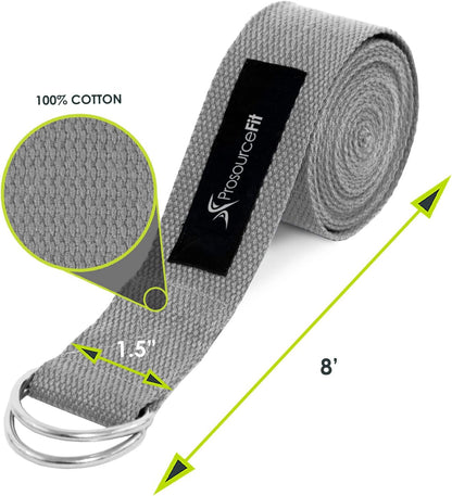 Metal D-Ring Yoga Strap 8’ Durable Cotton for Stretching and Flexibility
