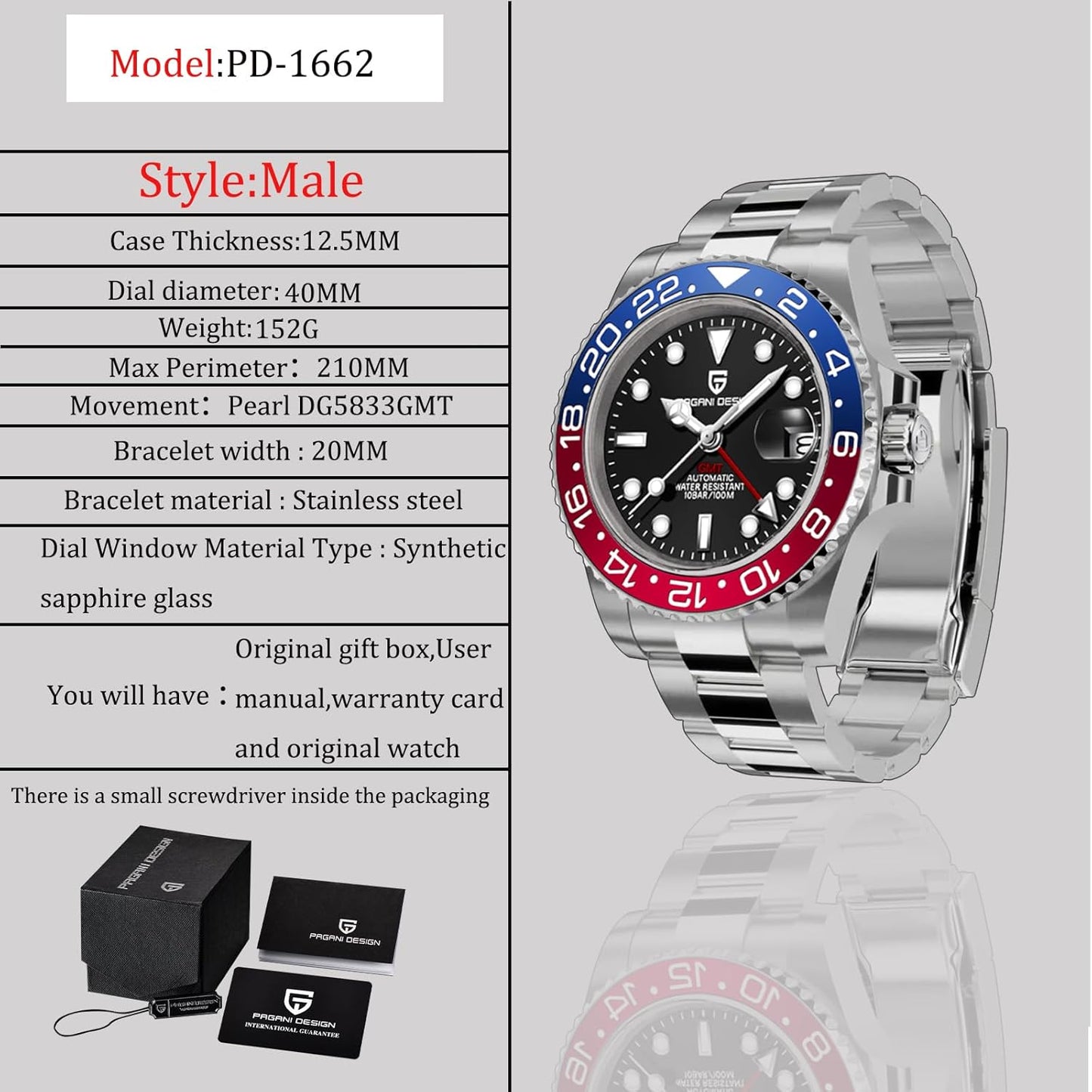 Pagani Design Men'S Watches GMT Automatic Watch for Men Sapphire Glass Fashion Business Stainless Steel 100M Waterproof Men'S Wrist Watches PD-1662