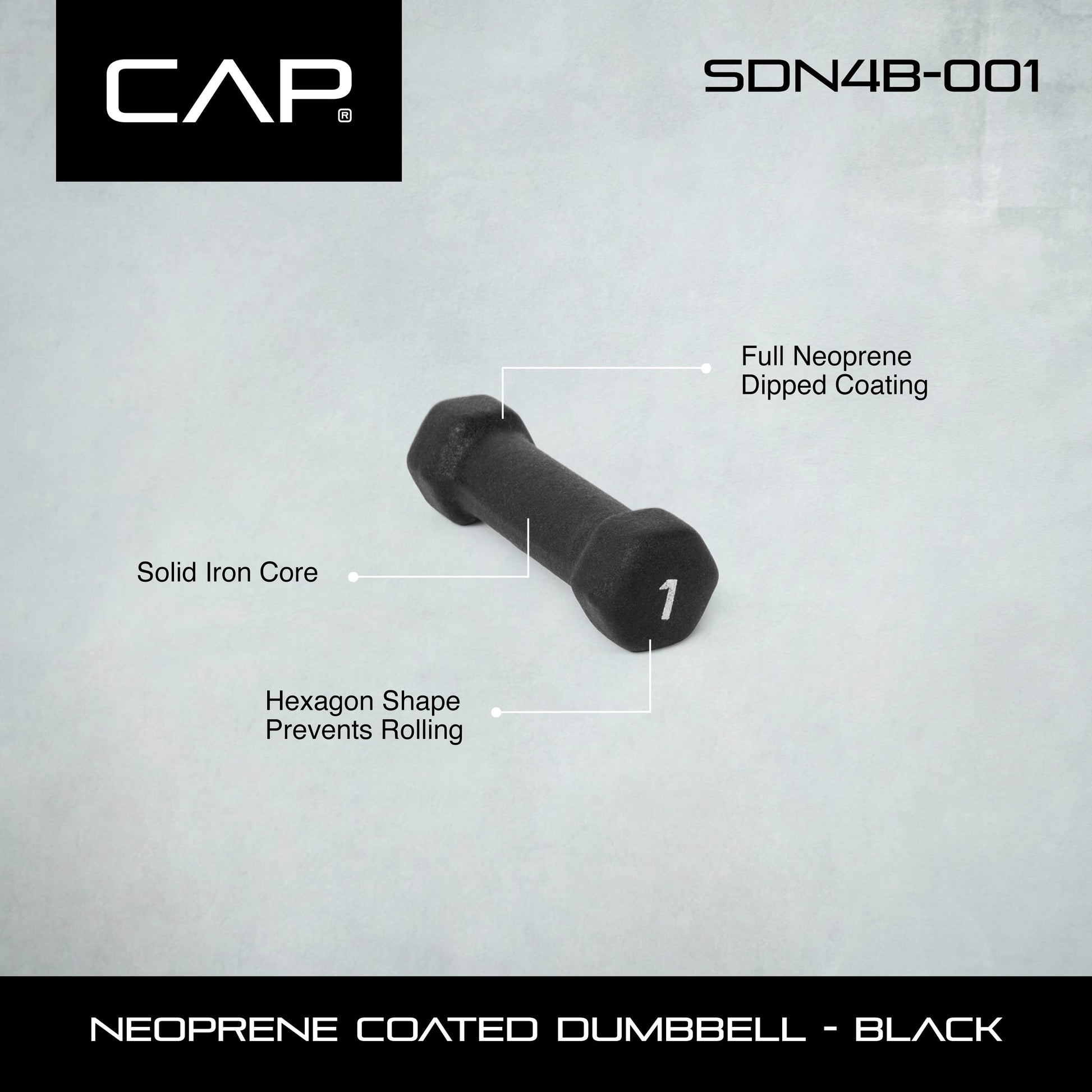Barbell, 1Lb Black Neoprene Dumbbell, Single