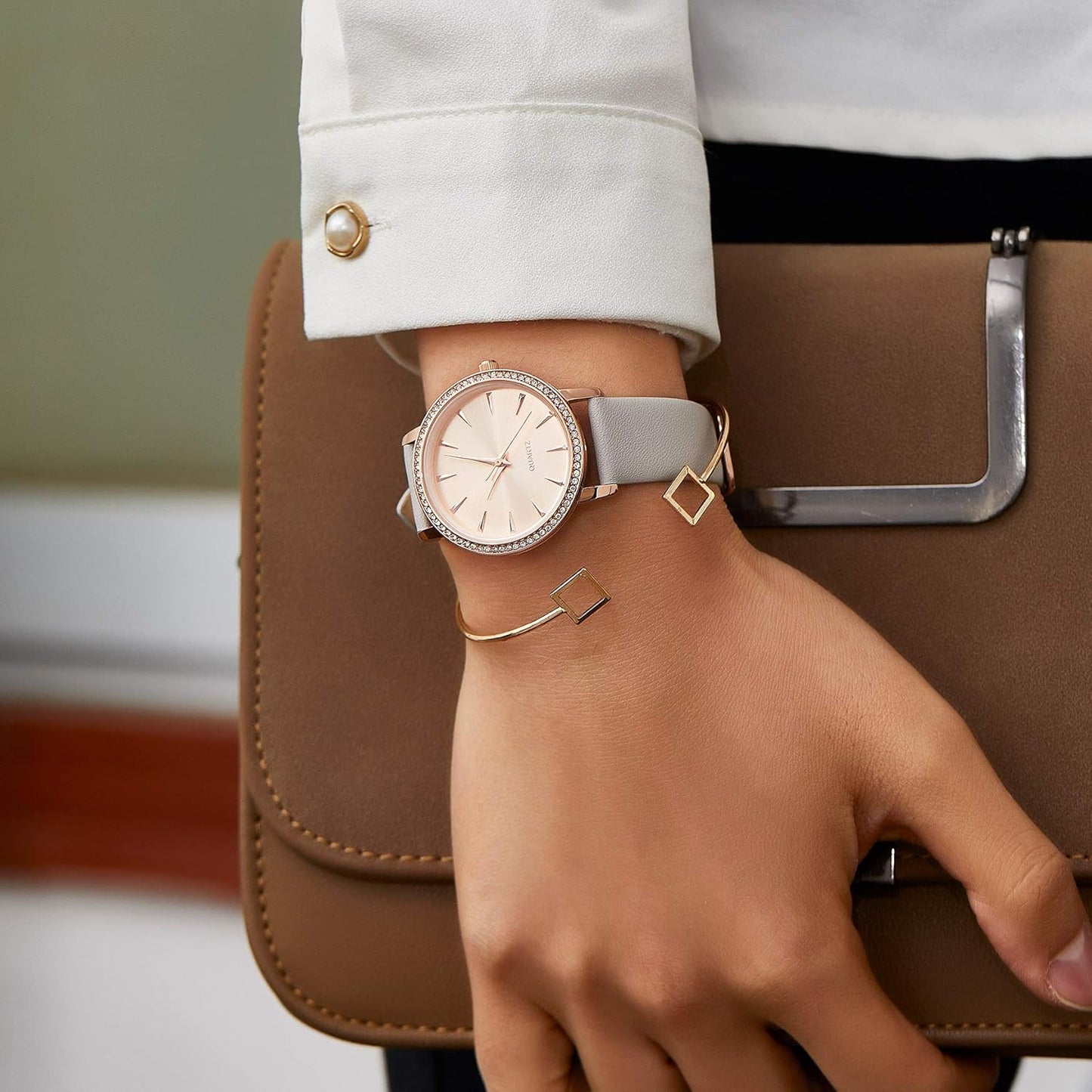 Women'S Watches with Stainless Steel Square round Dial Quartz Watch with Satin Genuine Leather Strap Elegant Minimalist Waterproof